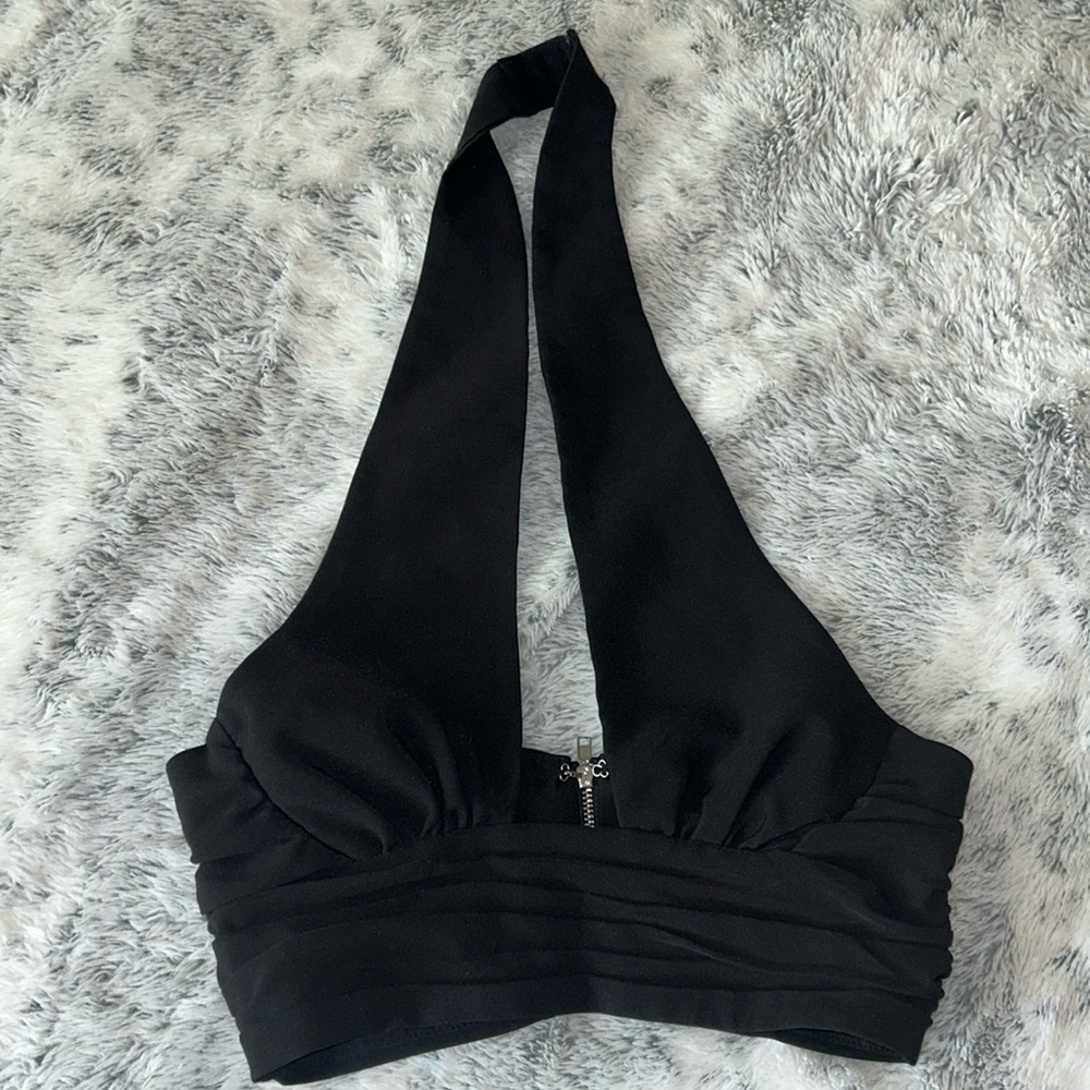 Oh Polly Black Halter Zip-Front Crop Top